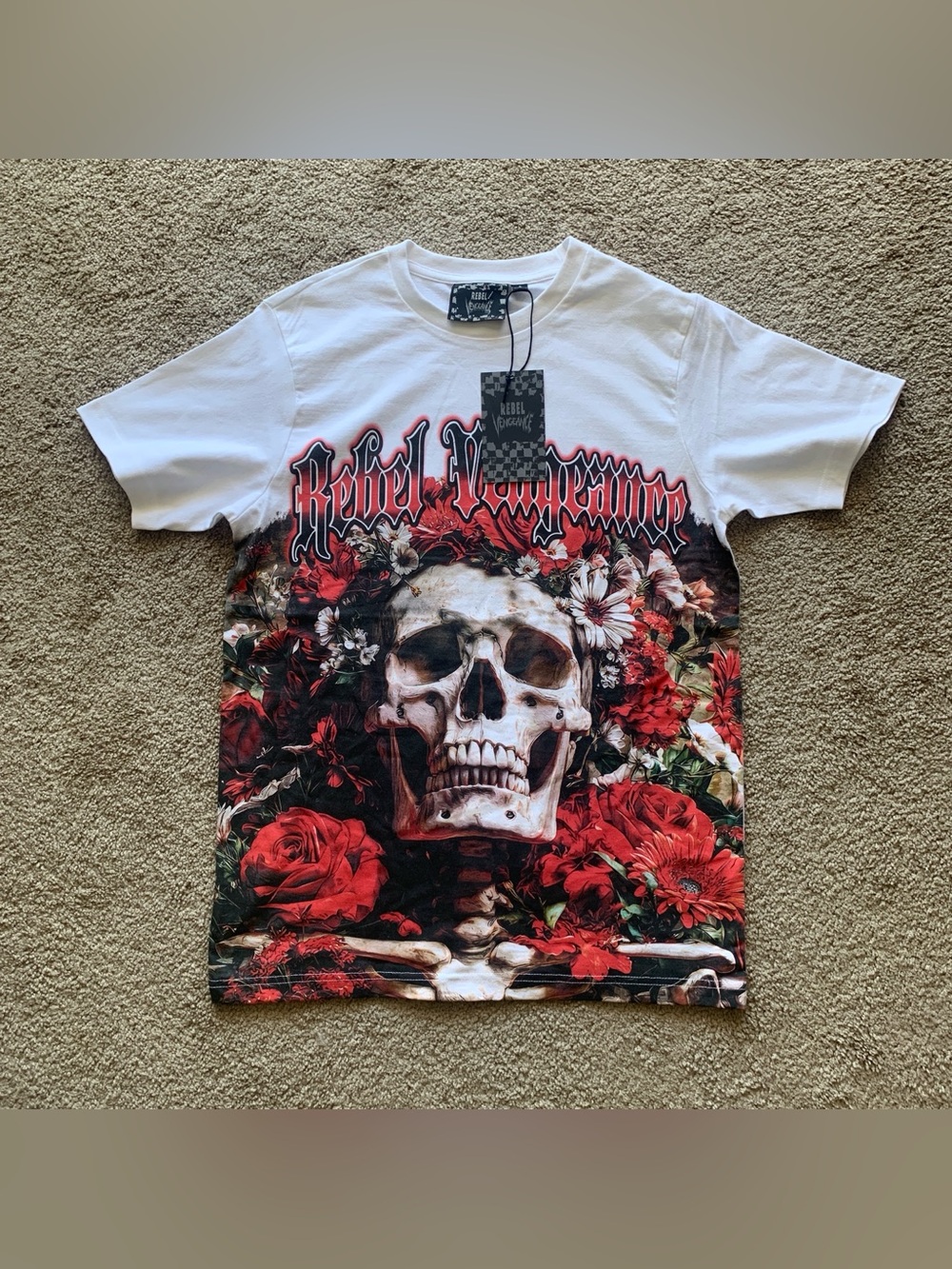 White Skull & Red Floral Graphic Tee